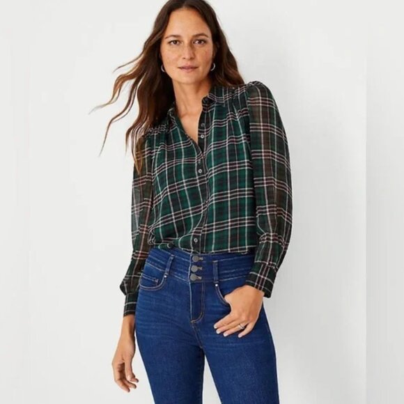NEW | Ann Taylor Plaid Button Down Shirt – Green with Pink Lines | Size S - Picture 1 of 13